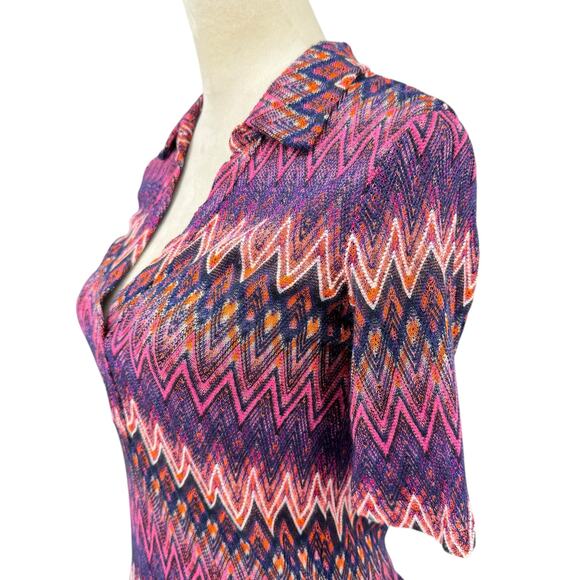 Trina Turk Peru Colorful Chevron Open Knit Collared V-neck Retro Revival Top - Picture 5 of 10